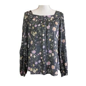 Lauren Conrad Gray White Yellow Floral Prairie Long Sleeve Top Medium